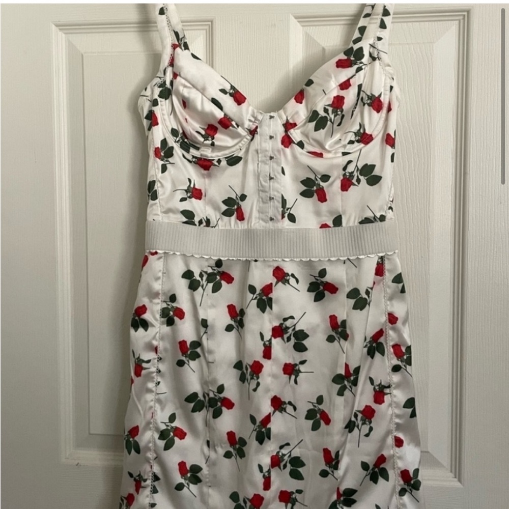 For Love and Lemons White & Red Roses Floral Love Song Mini Dress